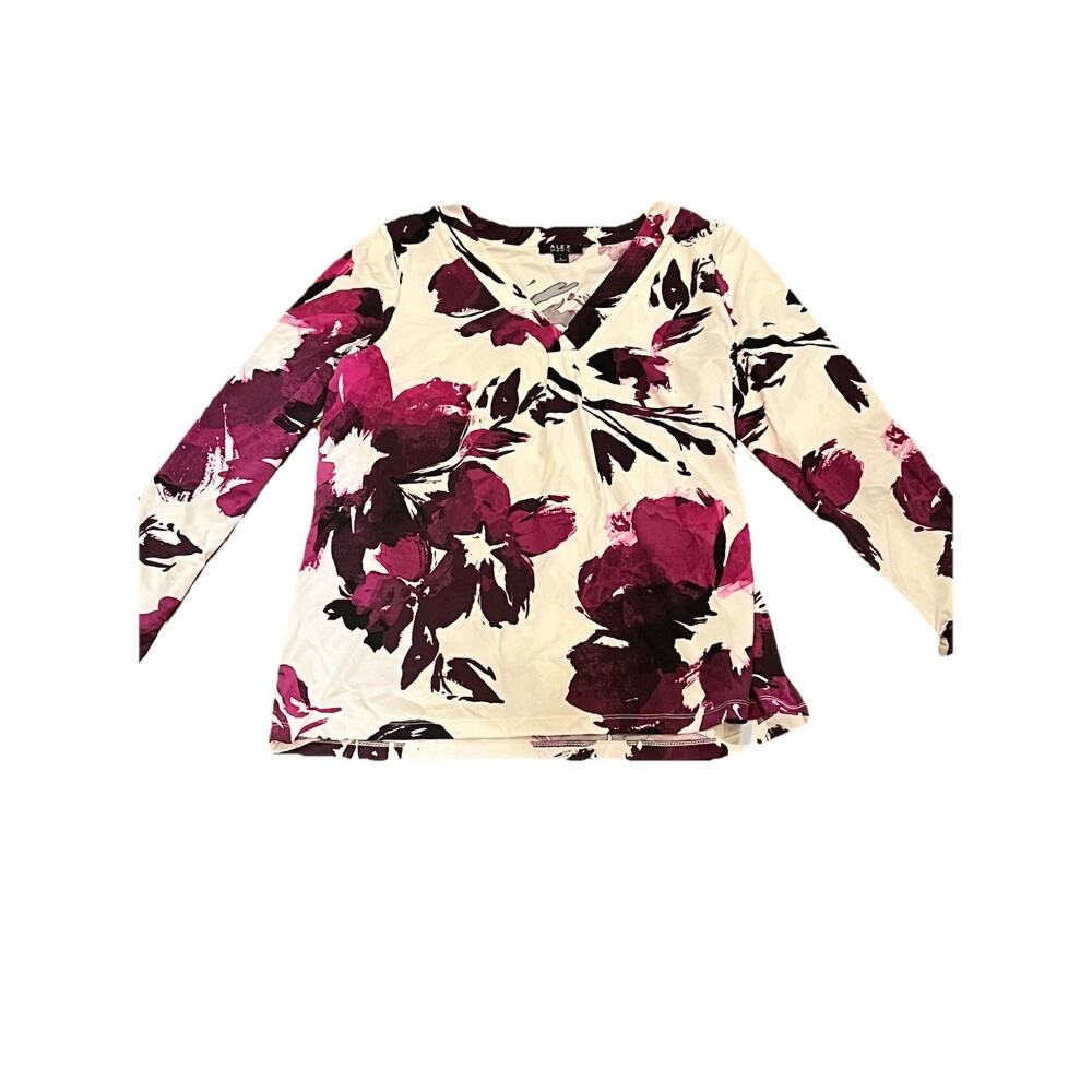 Alex Marie Size L Women And Purple White Floral N-Neck 3/4 Sleeve